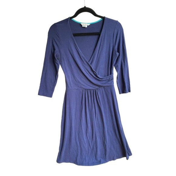 Boden Size 6R Navy Blue 3/4 Sleeve Fixed Wrap V-Neck Jersey Dress - Picture 2 of 6